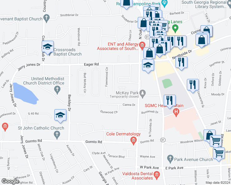 map of restaurants, bars, coffee shops, grocery stores, and more near 2871 Fawnwood Circle in Valdosta