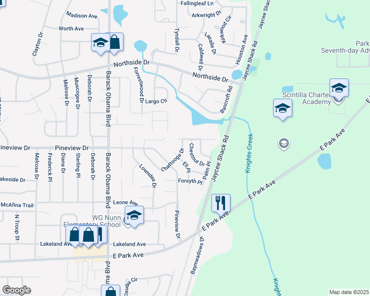map of restaurants, bars, coffee shops, grocery stores, and more near 2212 Chattooga Drive in Valdosta