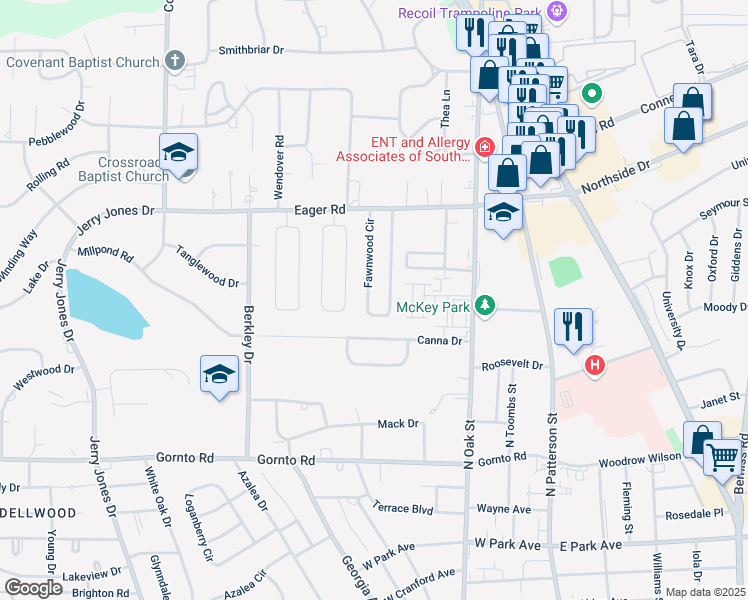 map of restaurants, bars, coffee shops, grocery stores, and more near 2807 Fawnwood Circle in Valdosta