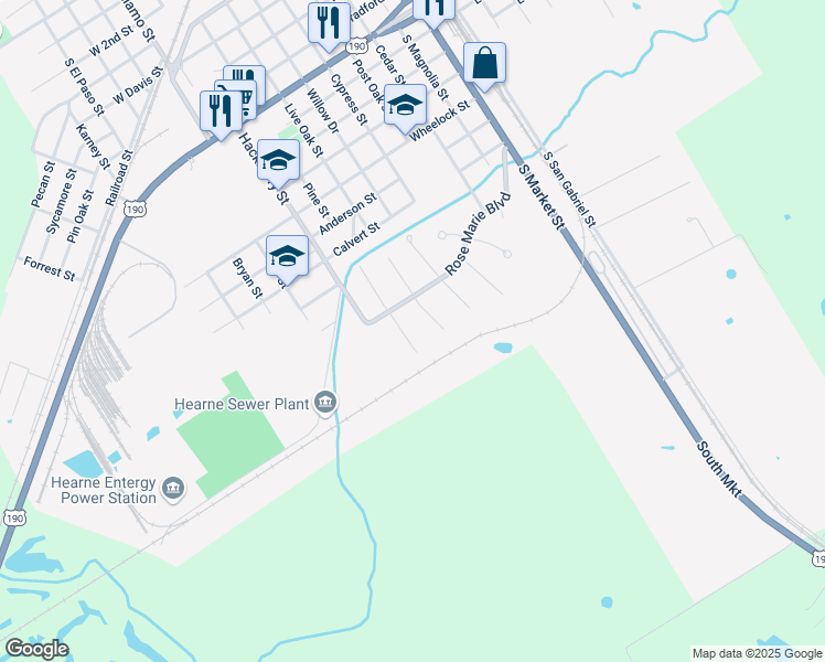 map of restaurants, bars, coffee shops, grocery stores, and more near 16 Hughes Drive in Hearne