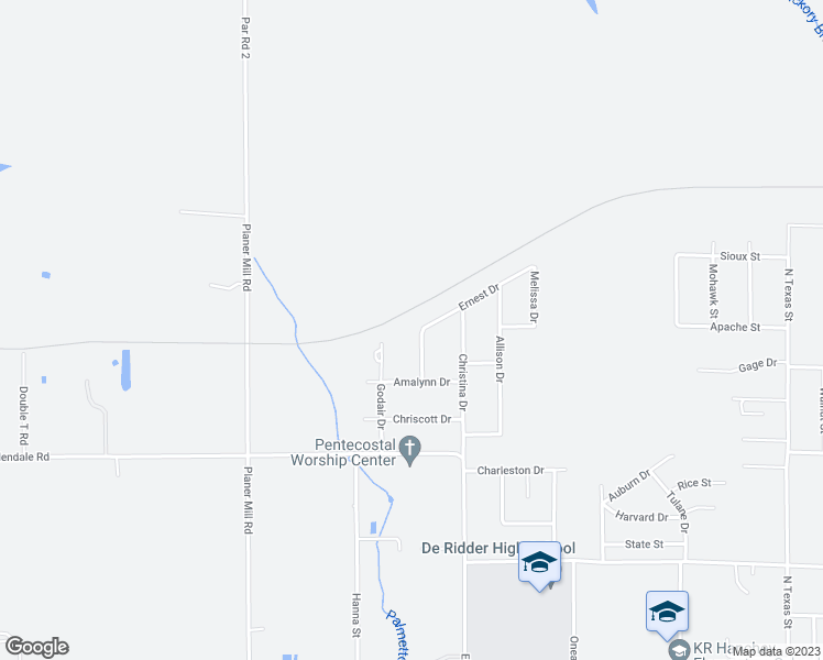 map of restaurants, bars, coffee shops, grocery stores, and more near 1265 Maybelle Drive in DeRidder