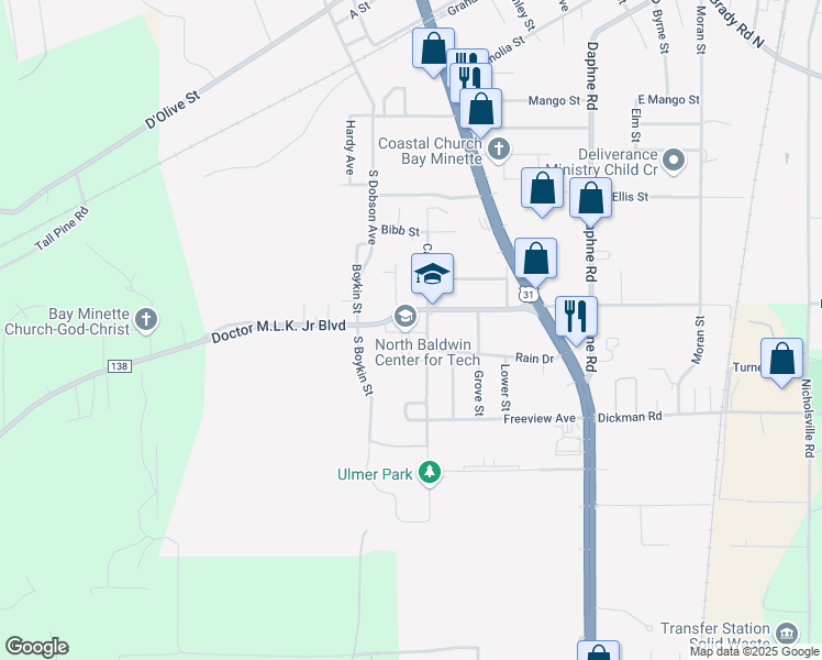 map of restaurants, bars, coffee shops, grocery stores, and more near 505 West Hurricane Road in Bay Minette