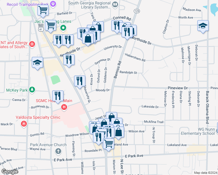 map of restaurants, bars, coffee shops, grocery stores, and more near 2300 Bemiss Road in Valdosta