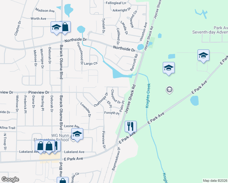 map of restaurants, bars, coffee shops, grocery stores, and more near 1813 Chestnut Drive in Valdosta