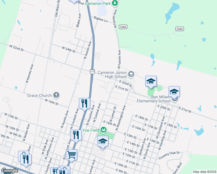 map of restaurants, bars, coffee shops, grocery stores, and more near 1905 Terral Court in Cameron