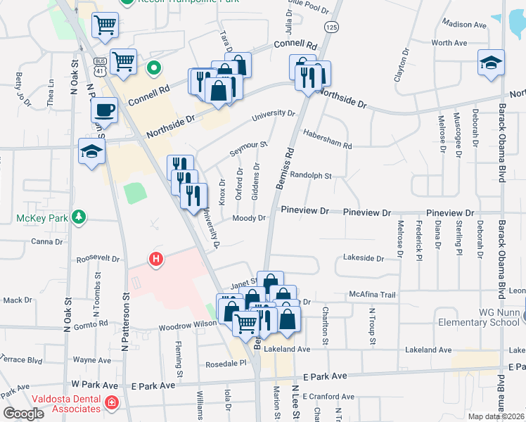 map of restaurants, bars, coffee shops, grocery stores, and more near 2300 Bemiss Road in Valdosta