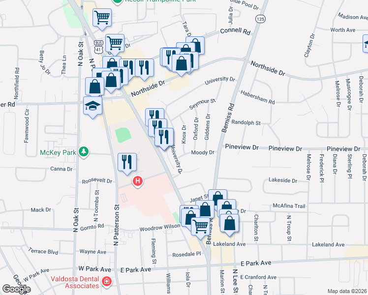 map of restaurants, bars, coffee shops, grocery stores, and more near 2403 Knox Drive in Valdosta