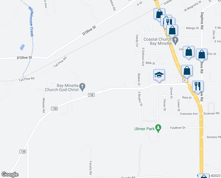 map of restaurants, bars, coffee shops, grocery stores, and more near County Road 138 in Bay Minette