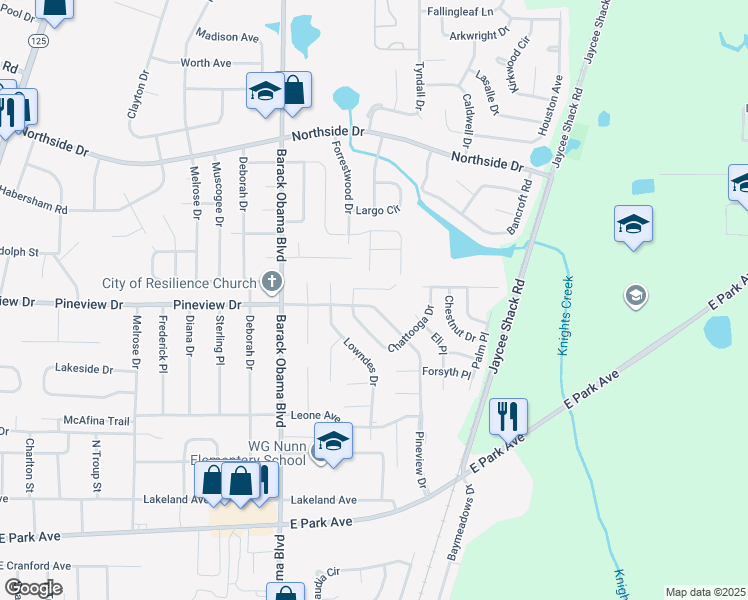 map of restaurants, bars, coffee shops, grocery stores, and more near 2737 Pineview Drive in Valdosta