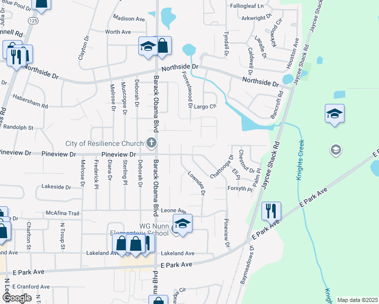 map of restaurants, bars, coffee shops, grocery stores, and more near 2607 Lowndes Drive in Valdosta