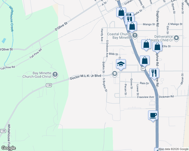 map of restaurants, bars, coffee shops, grocery stores, and more near Hurricane Road in Bay Minette
