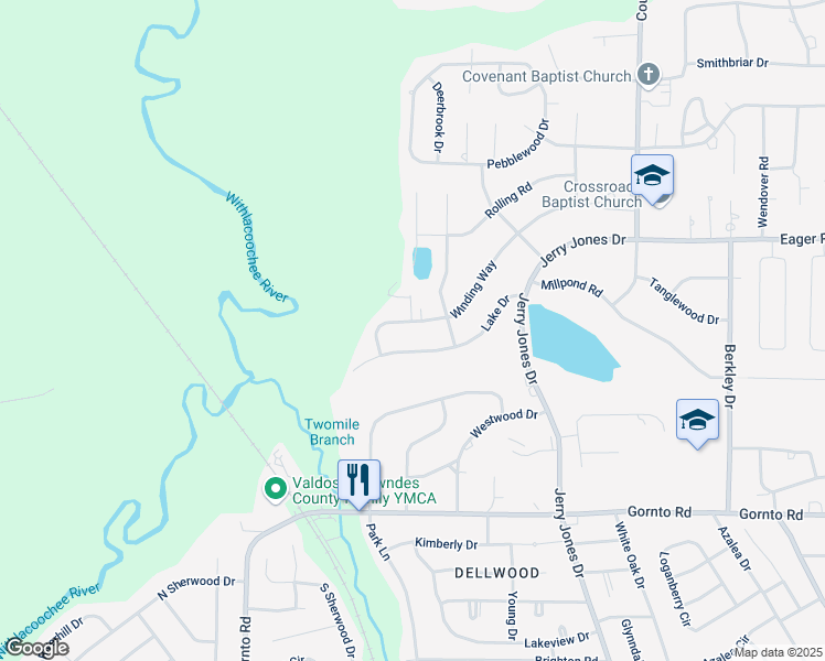 map of restaurants, bars, coffee shops, grocery stores, and more near 1208 Lake Drive in Valdosta