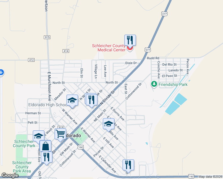 map of restaurants, bars, coffee shops, grocery stores, and more near 608 North Divide Street in Eldorado