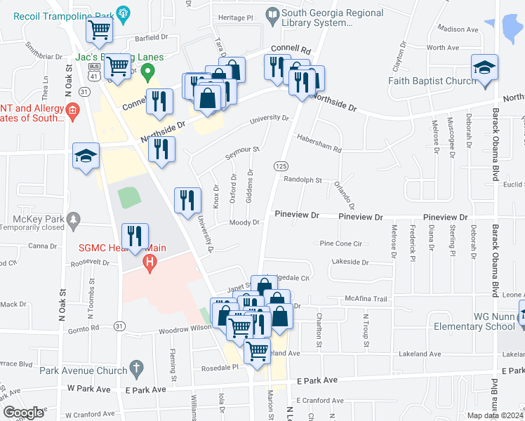 map of restaurants, bars, coffee shops, grocery stores, and more near 2300 Bemiss Road in Valdosta