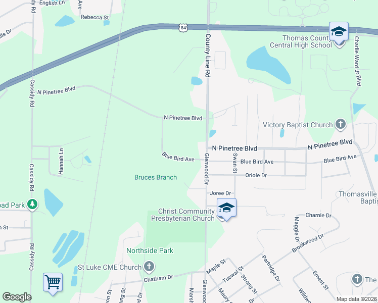 map of restaurants, bars, coffee shops, grocery stores, and more near 1501 Glenwood Drive in Thomasville