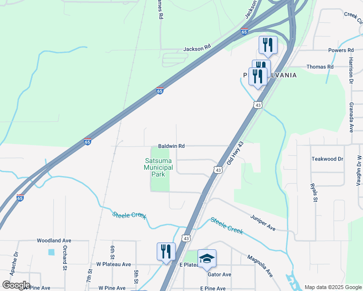 map of restaurants, bars, coffee shops, grocery stores, and more near 130 Baldwin Road in Satsuma