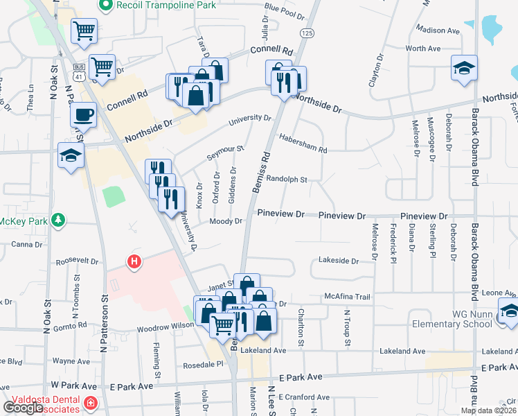 map of restaurants, bars, coffee shops, grocery stores, and more near 2301 Bemiss Road in Valdosta