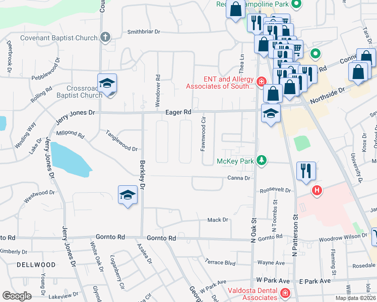 map of restaurants, bars, coffee shops, grocery stores, and more near 2846 Willow Wood Circle in Valdosta