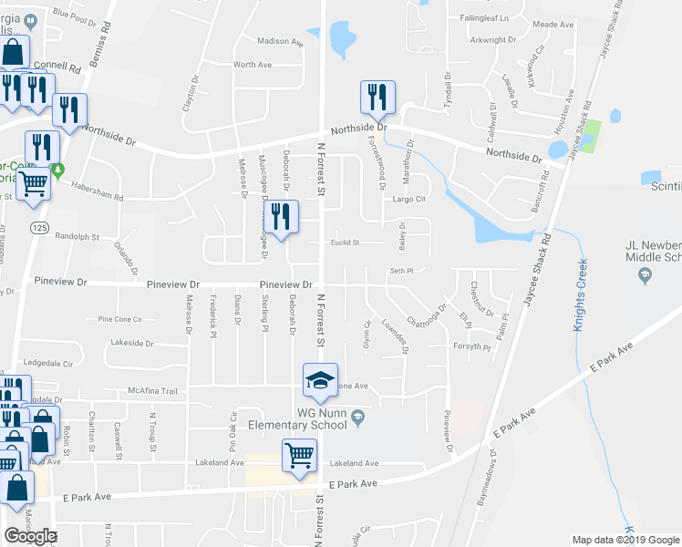 map of restaurants, bars, coffee shops, grocery stores, and more near 2702 Banks Circle in Valdosta