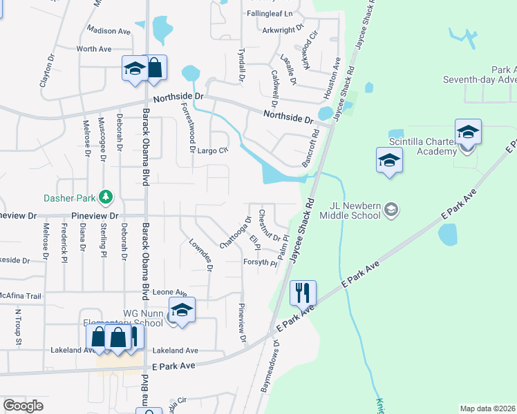 map of restaurants, bars, coffee shops, grocery stores, and more near 1813 Chestnut Drive in Valdosta
