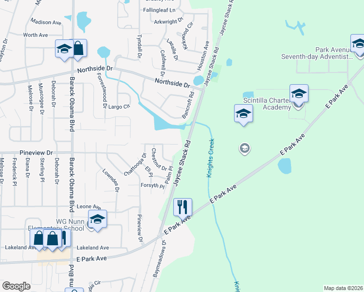 map of restaurants, bars, coffee shops, grocery stores, and more near 1957 Palm Place in Valdosta