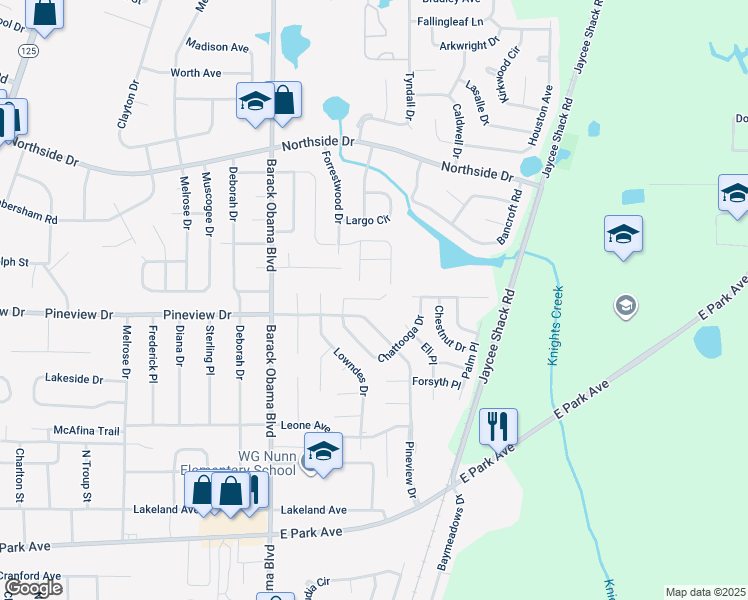 map of restaurants, bars, coffee shops, grocery stores, and more near 2737 Pineview Drive in Valdosta