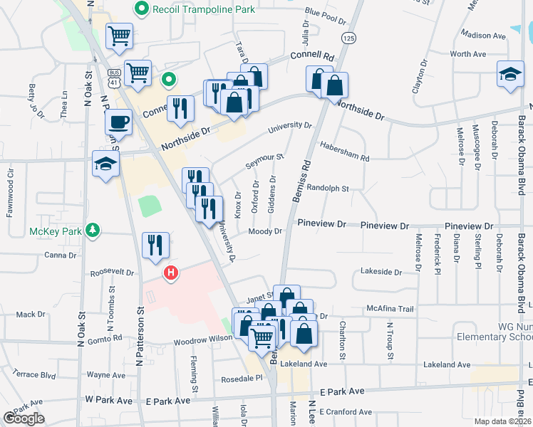 map of restaurants, bars, coffee shops, grocery stores, and more near 2400 Giddens Drive in Valdosta