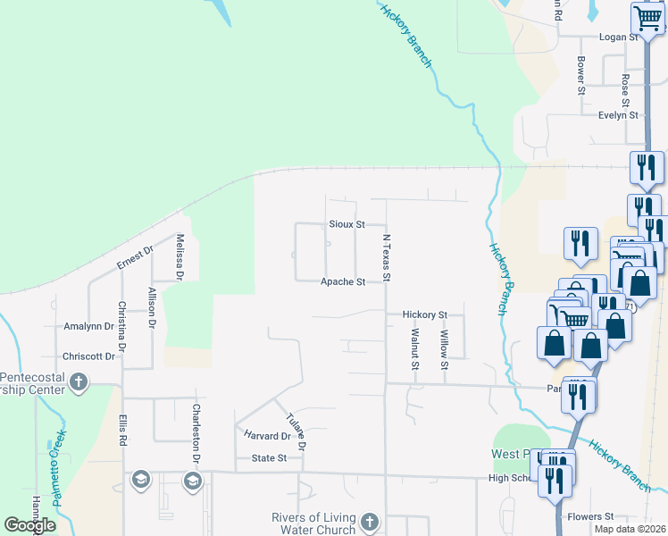 map of restaurants, bars, coffee shops, grocery stores, and more near 1204 Mohawk Street in DeRidder