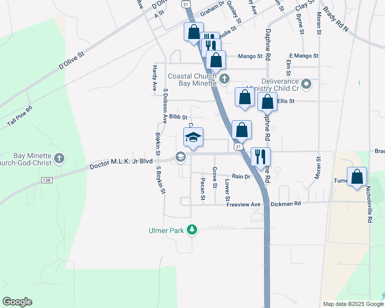 map of restaurants, bars, coffee shops, grocery stores, and more near 505 West Hurricane Road in Bay Minette