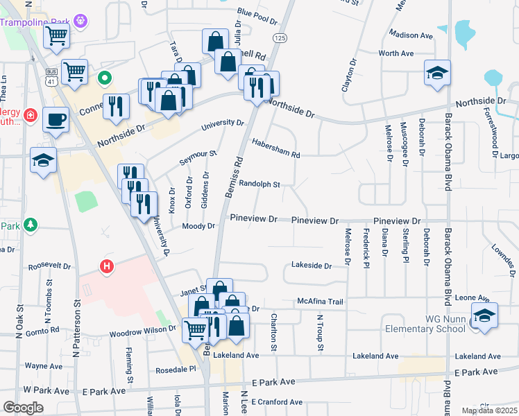 map of restaurants, bars, coffee shops, grocery stores, and more near 701 Randolph Street in Valdosta
