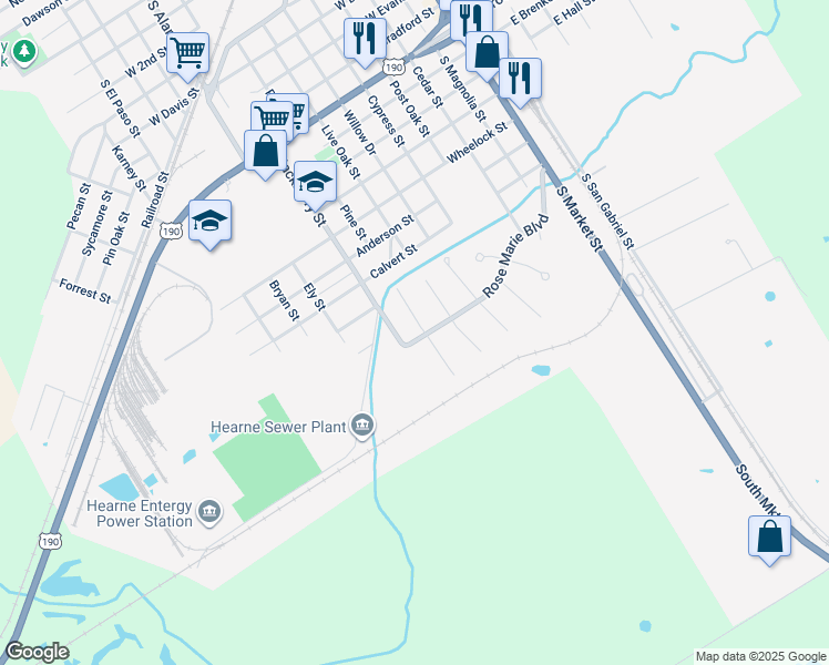 map of restaurants, bars, coffee shops, grocery stores, and more near 600 Rose Marie Boulevard in Hearne