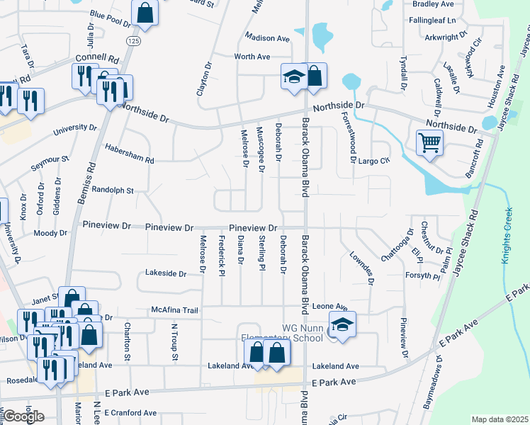 map of restaurants, bars, coffee shops, grocery stores, and more near 2467 Muscogee Drive in Valdosta