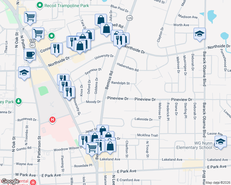map of restaurants, bars, coffee shops, grocery stores, and more near 2308 Dukes Avenue in Valdosta