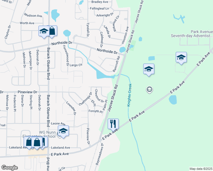 map of restaurants, bars, coffee shops, grocery stores, and more near 1754 Almond Tree Place in Valdosta