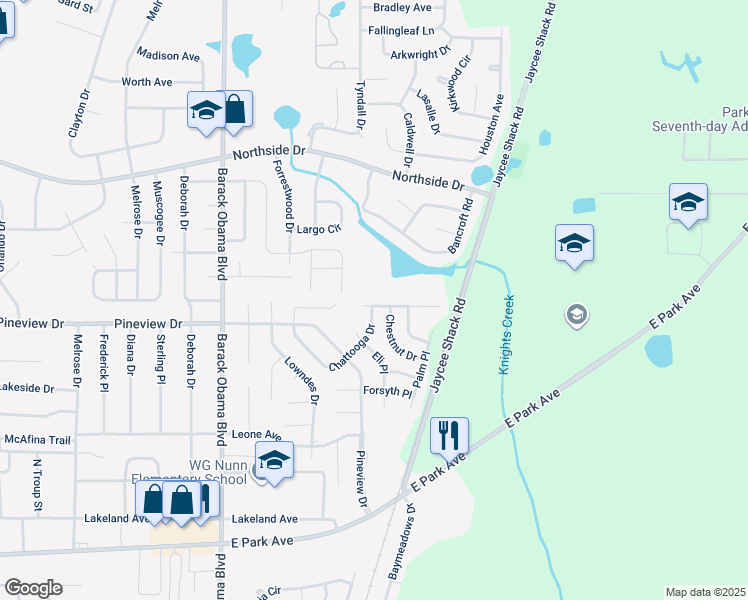 map of restaurants, bars, coffee shops, grocery stores, and more near 1722 Almond Tree Place in Valdosta
