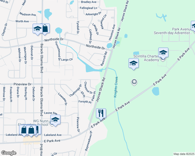 map of restaurants, bars, coffee shops, grocery stores, and more near 1766 Almond Tree Place in Valdosta