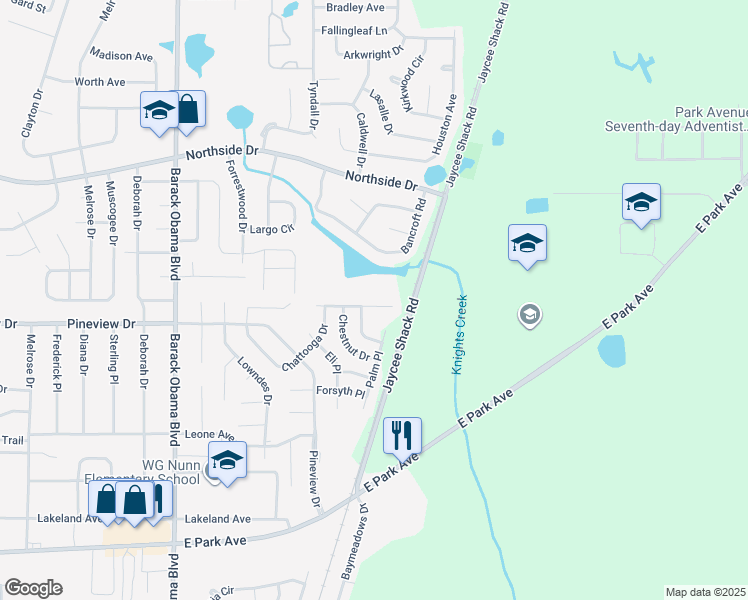 map of restaurants, bars, coffee shops, grocery stores, and more near 1754 Almond Tree Place in Valdosta