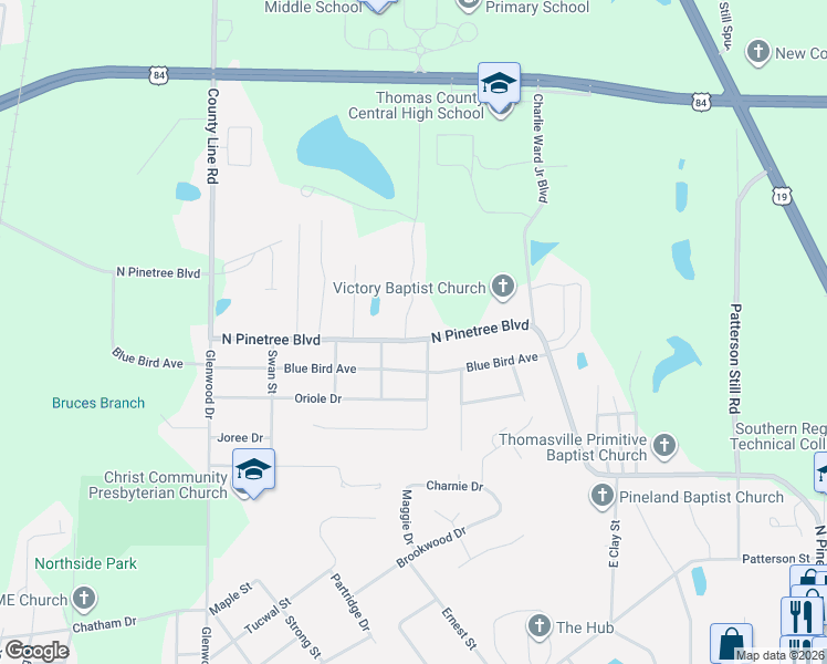 map of restaurants, bars, coffee shops, grocery stores, and more near 4 Cove Landing Drive in Thomasville