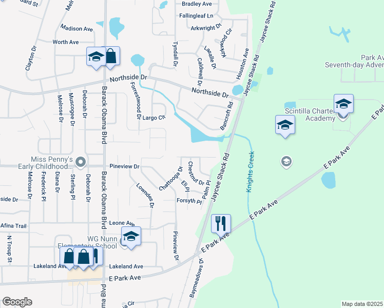 map of restaurants, bars, coffee shops, grocery stores, and more near 1730 Almond Tree Place in Valdosta