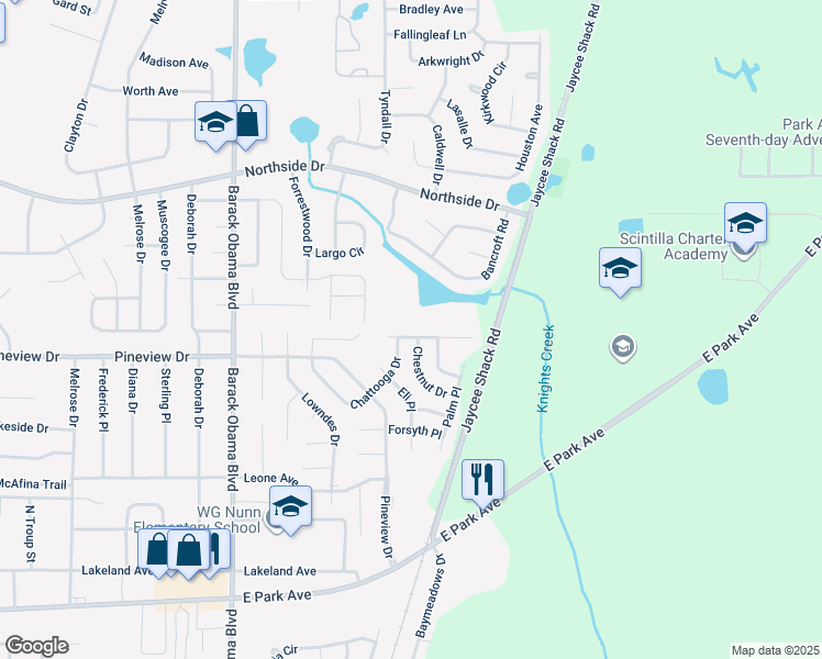 map of restaurants, bars, coffee shops, grocery stores, and more near 1722 Almond Tree Place in Valdosta