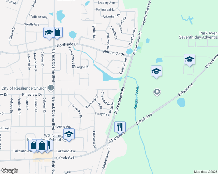 map of restaurants, bars, coffee shops, grocery stores, and more near 1754 Almond Tree Place in Valdosta