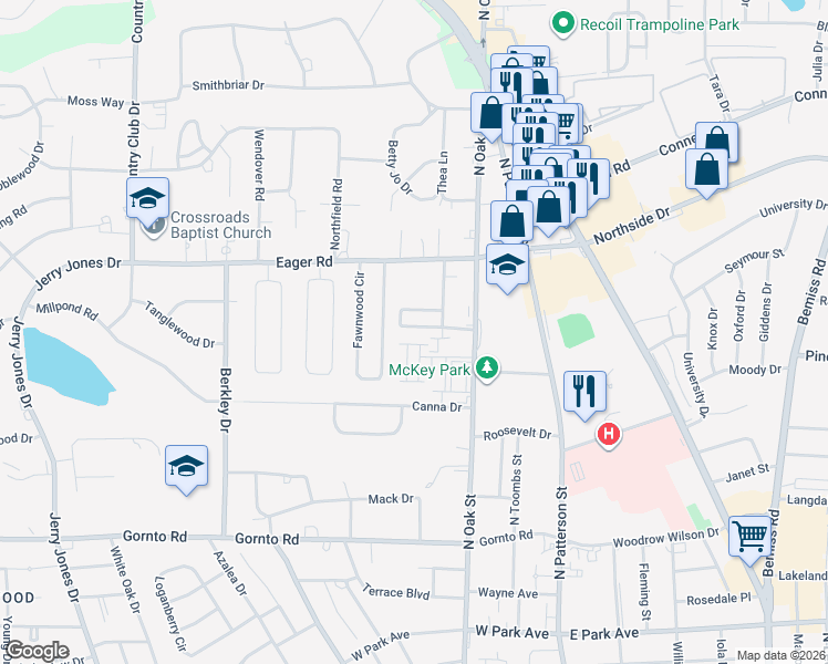 map of restaurants, bars, coffee shops, grocery stores, and more near 418 Georgetown Circle in Valdosta