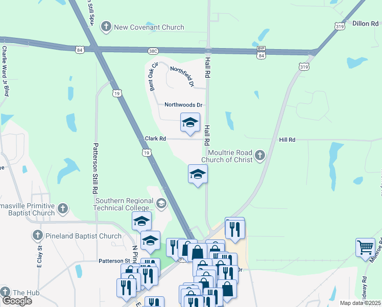 map of restaurants, bars, coffee shops, grocery stores, and more near 324 Clark Road in Thomasville
