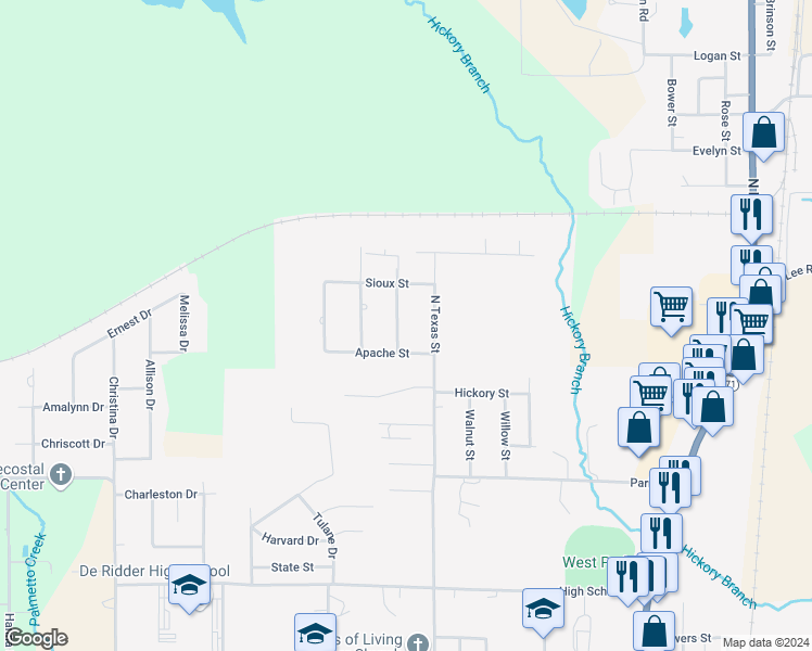 map of restaurants, bars, coffee shops, grocery stores, and more near 1206 Seminole Street in DeRidder