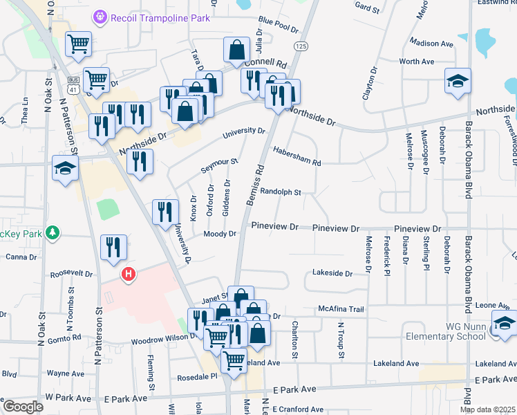 map of restaurants, bars, coffee shops, grocery stores, and more near 2308 Dukes Avenue in Valdosta