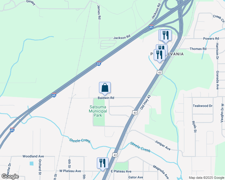 map of restaurants, bars, coffee shops, grocery stores, and more near 130 Baldwin Road in Satsuma