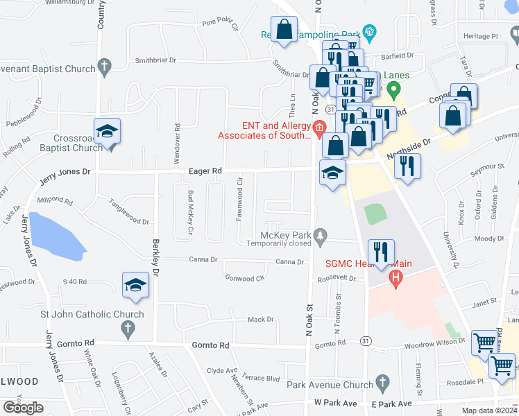 map of restaurants, bars, coffee shops, grocery stores, and more near 2891 Fawnwood Circle in Valdosta