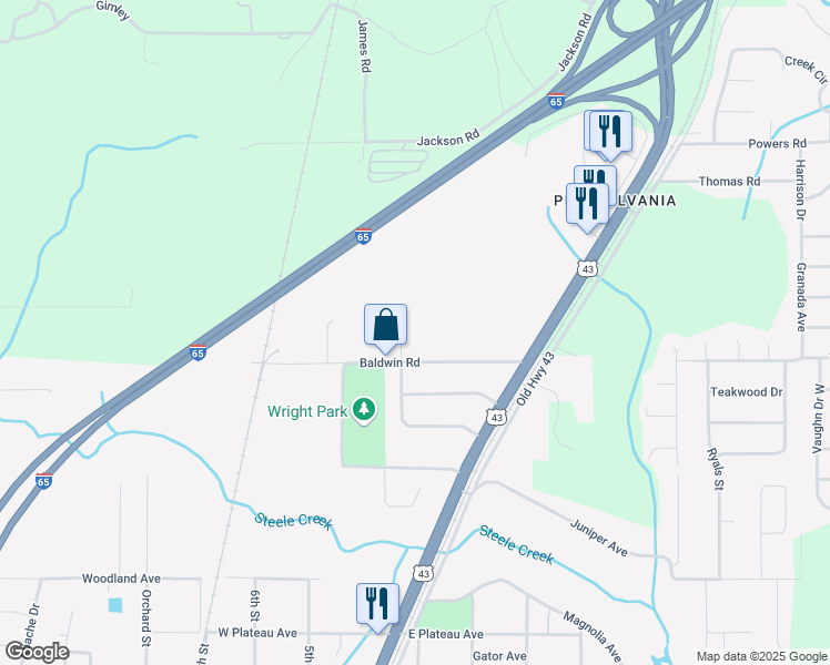 map of restaurants, bars, coffee shops, grocery stores, and more near 122 Baldwin Road in Satsuma