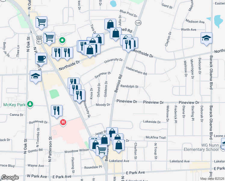 map of restaurants, bars, coffee shops, grocery stores, and more near 2310 Bemiss Road in Valdosta