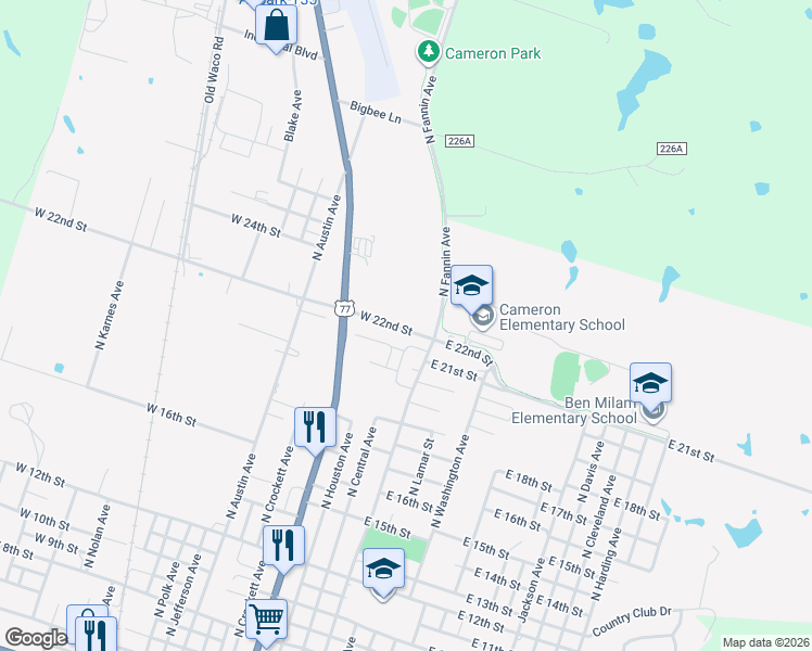 map of restaurants, bars, coffee shops, grocery stores, and more near 203 West 22nd Street in Cameron